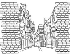 a black and white line drawing of a city street with brick buildings on either side