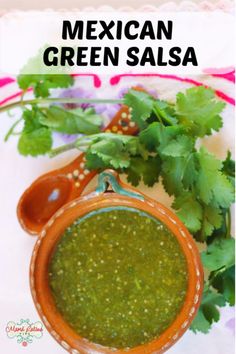 mexican green salsa in a bowl with cilantro on the side