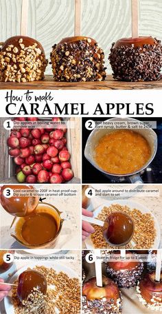 the steps to make caramel apples are shown