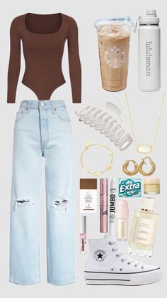 the contents of a woman's outfit including jeans, sneakers and a drink