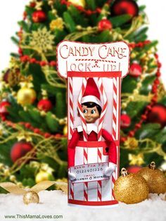 an elf is sitting in a candy cane box