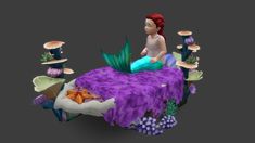 Little coral bed for little mermaid This toddler bed is made of a huge shell housing a soft sea sponge ideal for a good night's sleep under the sea. Sims 4 Mermaid Cc Furniture, Sims 4 Cc Mermaid, Coral Bed, Mermaid Bedding, Disney Challenge, Mermaid Kids, Cc Furniture, Sea Sponge