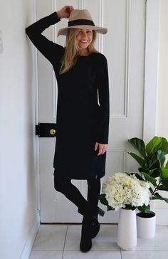 Black Black Wool Dress Outfit, Wool Dress Outfit, Winter Dress Black, Black Winter Dress, Woolen Tights, Woman Gown, Dress Outfit Winter, Black Dress Winter, Warm Winter Dresses