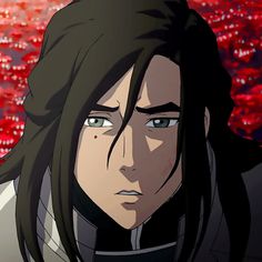 an anime character with long black hair and green eyes in front of red flowers, staring at the camera