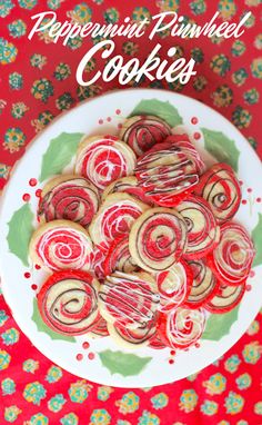 peppermint swirled cookies on a plate with the words peppermint swirled cookies