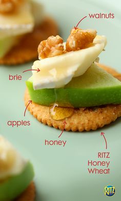 an apple and honey sandwich on a plate with words describing the different parts of it