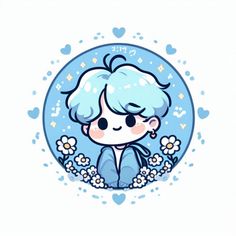 an anime character with blue hair and flowers