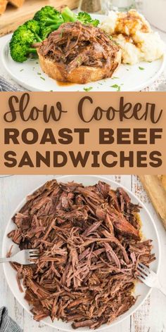 slow cooker roast beef sandwiches with broccoli and cauliflower on the side