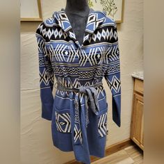 New Never Worn Women's Aztec Western Blue, Black, And Cream Cardigan 3/4 Length Sweater Jacket With Belt Size Medium. With Hood. Blue Shawl Collar Outerwear For Fall, Aztec Sweater Cardigan, Aztec Cardigan, Cream Cardigan, Cardigan Sweater Jacket, Black And Cream, Rachel Zoe, Belt Size, Sweater Jacket