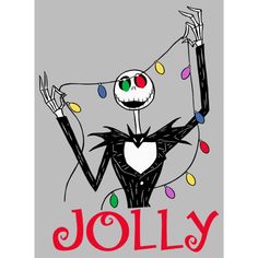 a jack skellingy character with christmas lights around his neck and hands in the air