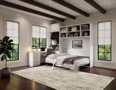 a bedroom with white walls and wood floors has a bed, desk, bookshelf, and window