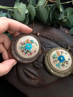 Copper and Bronze Embroidered Blue Flower Necklace Circle | Etsy Bohemian Embroidered Jewelry For Wedding, Bohemian Jewelry With Floral Embroidery For Gifts, Bohemian Embroidered Necklace For Gift, 2023 Embroidery, Blue Flower Necklace, Clothing Embroidery, Bronze Gifts, Mini Embroidery, Embroidery Necklace