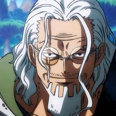 an anime character with long white hair and glasses on his face, looking at the camera