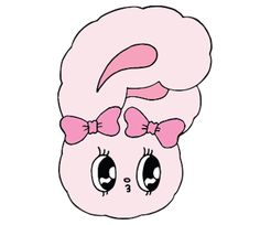 a drawing of a pink cat with big eyes and a bow on her head, in front of a white background