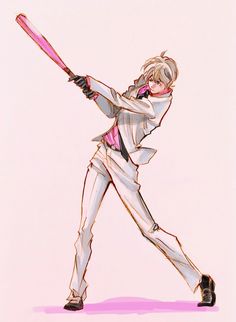 a drawing of a person in a suit holding a baseball bat and wearing a pink tie