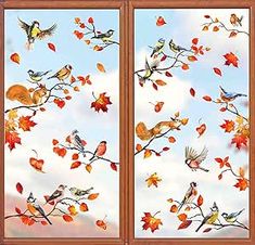 two windows with birds and autumn leaves painted on them, one is open to the sky