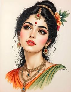 a painting of a woman wearing an orange and green sari with flowers in her hair