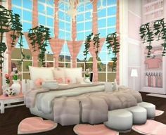 the bedroom is decorated in pastel pinks and whites, with lots of greenery