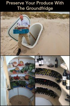 there is a man holding a wine bottle in the sand