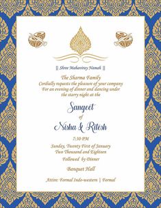 an ornate blue and gold wedding card