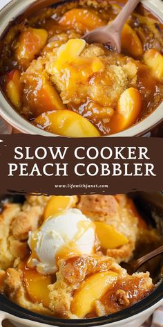 this slow cooker peach cobbler is so good it's ready to be eaten