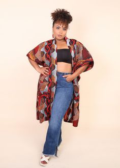 Fit: Loose fit, Casual Fit, Standard Fit. Perfect for average, petite and tall bodies. Can fit multiple sizes. Model is 5'9 wearing size L/XL Description African print kimono jacket (Patterns placement maybe slightly different for each kimono) Loose fit, perfect as a cover up piece About 45 inches long Unlined Open-front style Pockets on the side Keep your look on point during any casual occasion with this African Print Short-Sleeve Kimono Jacket. This lightweight kimono jacket features some sid Fitted Kimono With Kimono Sleeves For Fall, Multicolor Printed Outerwear With Kimono Sleeves, Casual Fitted Kimono With Kimono Sleeves, Fitted Casual Kimono With Kimono Sleeves, Fitted Long Casual Kimono, Casual Fitted Open Front Kimono, Kimono Jacket Pattern, African Kimono, Kimono Styles