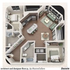 an overhead view of a two bedroom, one bath apartment with living room and kitchen