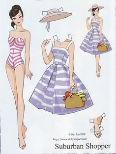 the paper doll is wearing a swimsuit and hat with her hand on her hip