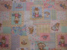 the fabric has many pictures of mice and cats on it, all in pastel colors