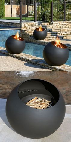 an outdoor fire pit with two flames in it