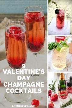 valentine's day champagne cocktails collage with raspberries and lemonade