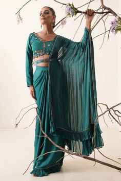 Shop for Merge Design Green Modal Satin Pre-draped Saree With Blouse for Women Online at Aza Fashions Green Bollywood Pre-draped Saree With Unstitched Blouse, Festive Green Semi-stitched Pre-draped Saree, Green Bohemian Fitted Pre-draped Saree, Semi-stitched Turquoise Saree With Traditional Drape, Green Embellished Semi-stitched Pre-draped Saree, Satin Embroidery, Draped Saree, Drape Saree, Blouse For Women