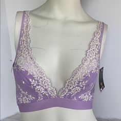 No Padding Or Underwire A Little Lighter Purple Than Appears In The Photos No Designated Cup Size But Would Work Best For Smaller Cup Sizes Ynf 697 Spring Purple Lace Bra, Fitted Lavender Bra For Spring, Feminine Fitted V-neck Bra, Feminine V-neck Fitted Bra, Cup Sizes, Cup Size, Light Purple, Color Purple, Women's Intimates