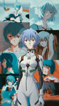 an anime character with blue hair standing in front of other characters and looking at the camera