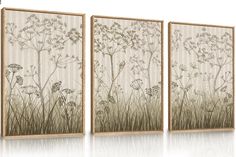 three panels with flowers and grass on them