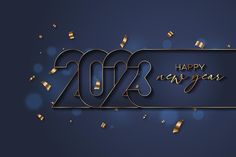 a happy new year greeting card with gold confetti and streamers on a blue background