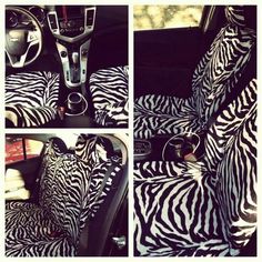 the interior of a car with zebra print covers