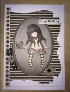 a birthday card with a girl holding a bird