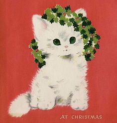 a painting of a white cat with holly wreaths on its head, sitting in front of a red background