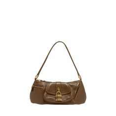 Chloe "The 99" shoulder bag in shiny-grained calfskin leather  Shoulder strap  Zip top closure  Exterior, two zip pockets and one flap pocket  Interior, one slip pocket  Lining: Cotton/linen Approx. 5.1"H x 14.1"W x 3.9"D Made in Italy Travel Baguette Bag With Gold-tone Hardware, Luxury Baguette Bag With Palladium Hardware For Everyday Use, Travel Textured Leather Baguette Satchel Bag, Travel Shoulder Baguette Bag In Textured Leather, Travel Textured Leather Baguette Shoulder Bag, Leather Satchel Baguette Bag With Palladium Hardware, Luxury Textured Leather Satchel Baguette Bag, Luxury Baguette Bag In Soft Leather For Travel, Textured Leather Baguette Bag For Travel