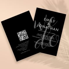 two black and white wedding cards with the word love written on each card, both in silver ink