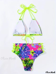 Olivia Mark - Tropical Floral Print Halter Criss Cross 2 Piece Set Bikini, Hollow Out Spaghetti Strap Stretchy Swimsuits, Women's Swimwear & Clothing Fitted Strappy Swimwear For Vacation, Multicolor Strappy Swimwear For Pool, Tropical Strappy Swimwear For Beach Season, Multicolor Strapped Swimwear For Pool, Tropical Fitted Strappy Swimwear, Fitted Tropical Strappy Swimwear, Tropical Strappy Fitted Swimwear, Multicolor Strappy Swimwear With Adjustable Straps, Tropical Strappy Swimwear With Adjustable Straps