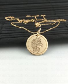 ● Material of pendant: Solid gold 14k ( REAL GOLD ) ● Metal Stamp: 14k ● The pendant is available in 3 sizes: 14,0 mm / 0,55 inches ( Diameter ) 16,5 mm / 0,65 inches ( Diameter ) 19,1 mm / 0,75 inches ( Diameter ) ( In the photos the size of the pendant is 14mm / 0.55 inches Diameter ) ● Material of chain: Solid gold 14k ( REAL GOLD ) ● Chain Options: **Chain No.1  :  thickness 0,7mm  **Chain No.2 :  thickness 1,3mm ● Chain Length: - 40 cm / 15,75 inches ( Length ) - 45 cm / 17,72 inches ( Length ) - 50 cm / 19,68 inches ( Length ) - 55 cm / 21,65 inches ( Length ) ✔ The thickness of the pendant is: 0,5 mm ✔ Inner diameter of the jump ring: 4x4 mm ✔ Backside engraving is FREE       Please use the personalization box for that. ✔ If you want larger size, contact us and we will inform you ab 14k Yellow Gold Jewelry With Horse Design, Real Gold Chains, Horse Pendant, Animal Pendant, Horses Pendant, Zoo Animal, Necklace Personalized, Gifts For Pet Lovers, Metal Stamping