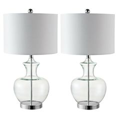 pair of clear glass table lamps with white shade