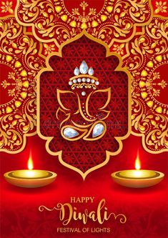 happy diwali festival with candles and gandap on red background royalty illustration