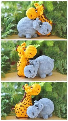 crocheted giraffes and an elephant are shown in three different pictures