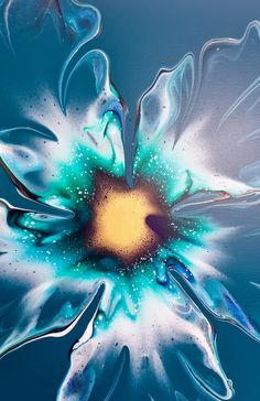 an abstract painting of a blue flower with water droplets on it's petals and center