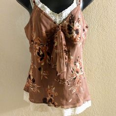 Nwot, Brown Floral Silk Spaghetti Strap Top, Underlined With Lacey Straps And Bottom Lacey Trim. Perfect Condition. Size 4 Spring Brown Camisole, Brown Spring Camisole, Brown V-neck Camisole For Summer, Chic Brown Camisole For Summer, Elegant Brown Tank Top For Summer, Brown Feminine Summer Tops, Elegant Brown Summer Camisole, Feminine Brown Summer Tops, Silk Spaghetti Strap Top