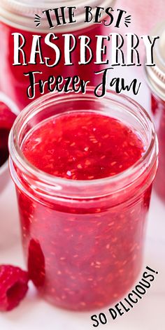 raspberry freezer jam in a glass jar