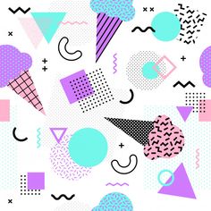 an abstract pattern with ice cream and geometric shapes in pink, blue, purple and green